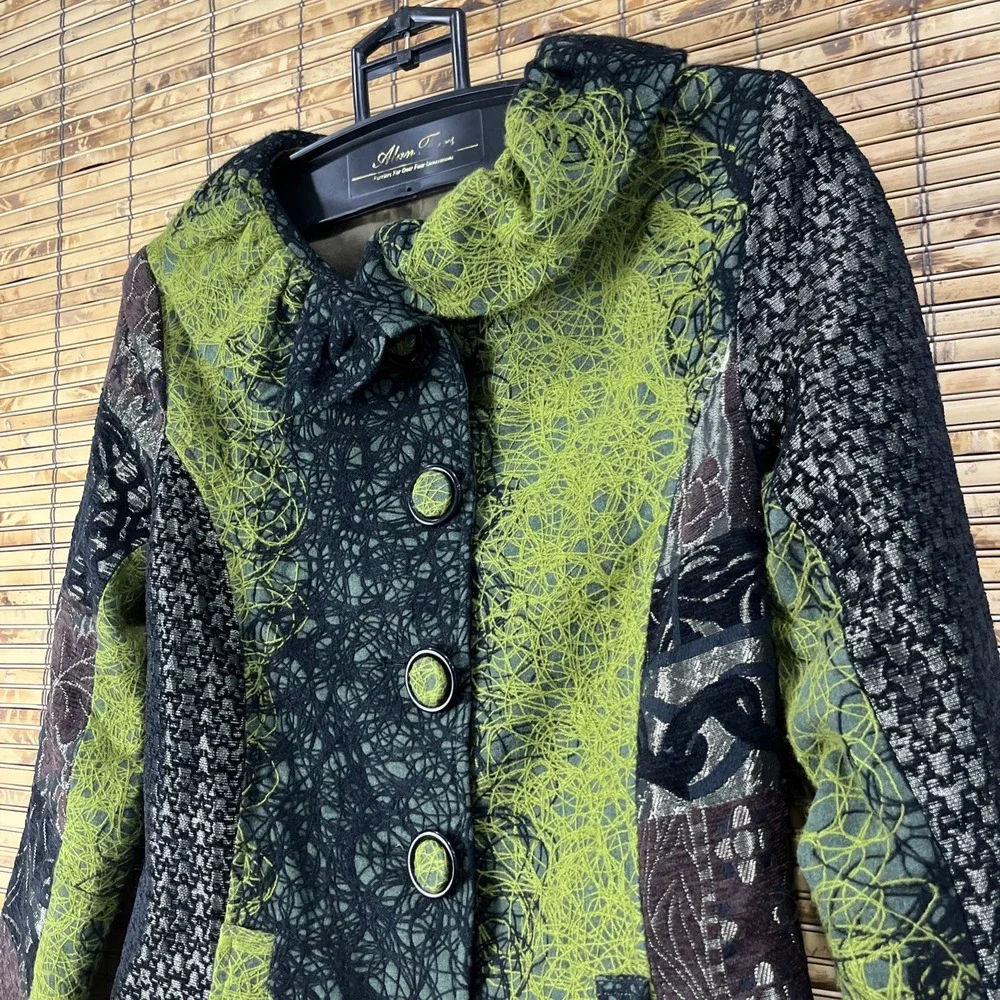 Lindi Jacket Womens S Green Black Silk Blend Art to Wear Patchwork Ruffle Cuff